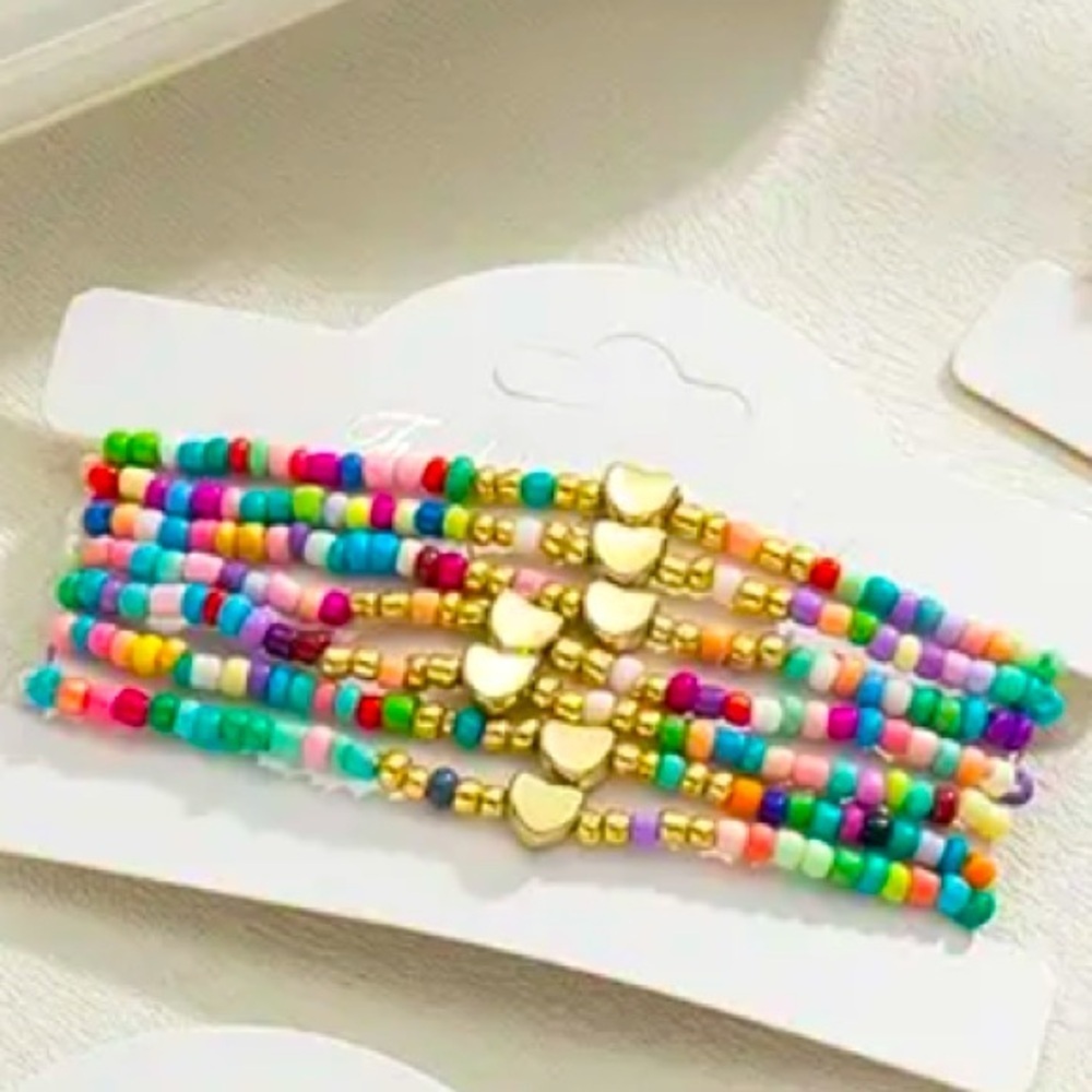 Boho Chic 7 Piece Colorful Beaded Bracelets with Gold Heart Accents